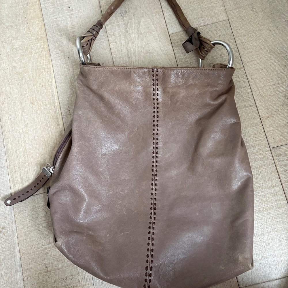 B. Makowsky Taupe Leather Hobo Bag